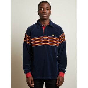 Vintage Mecca USA Velour Rugby Shirt Mens XL Navy Blue Red Yellow Striped 90s